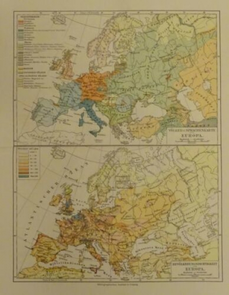 1898 - Europa - Völker- u. Sprachenkarte, Bevölkerungsdichtigkeit, alter Druck